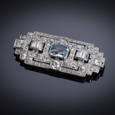 Broche Art Déco diamants (4,5 carats) et aigue-marine (3,2 carats)