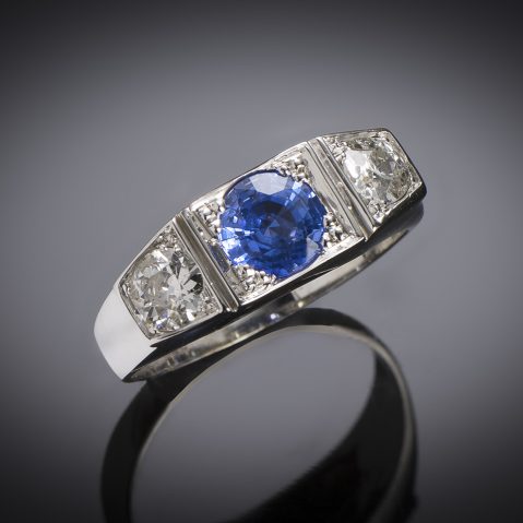 Bague trilogie saphir diamants Art Déco