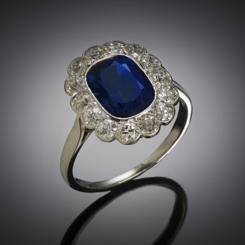 Bague Art Déco saphir naturel, 2,60 carats (certificat laboratoire) diamants