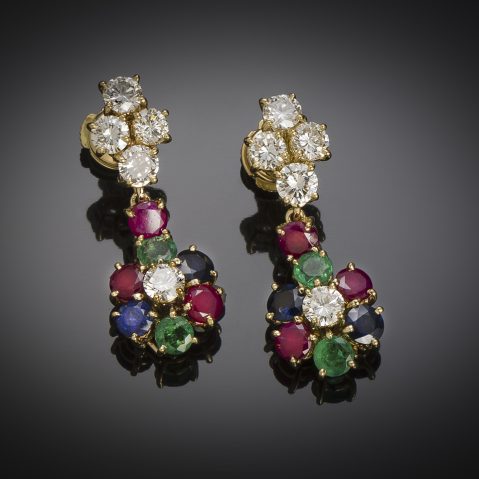 Boucles d’oreilles vintage à transformation diamants (2,80 carats), rubis, saphirs, émeraudes