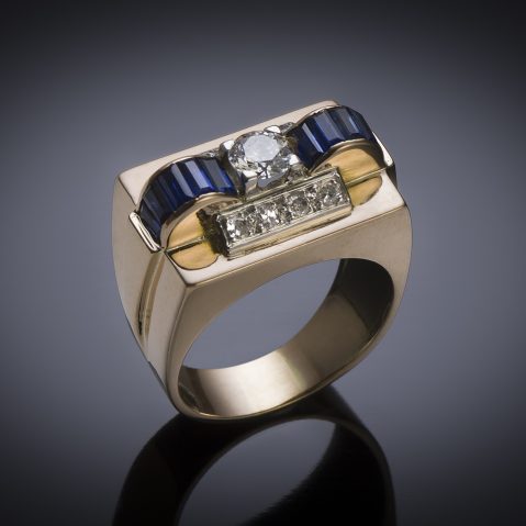 Bague « Tank » vers 1940 diamants (1 carat) saphirs calibrés