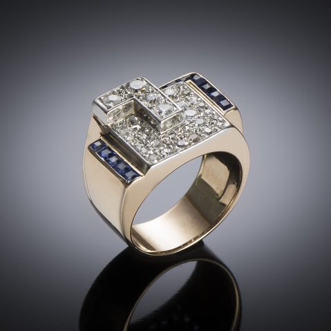 Bague « Tank » vers 1940 diamants (1,20 carat) saphirs calibrés