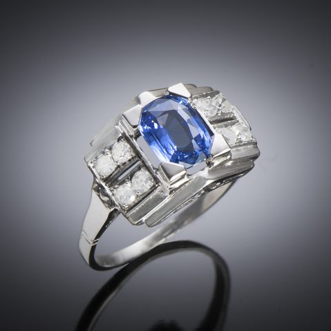 Bague Art déco saphir naturel, non chauffé (certificat laboratoire) et diamants