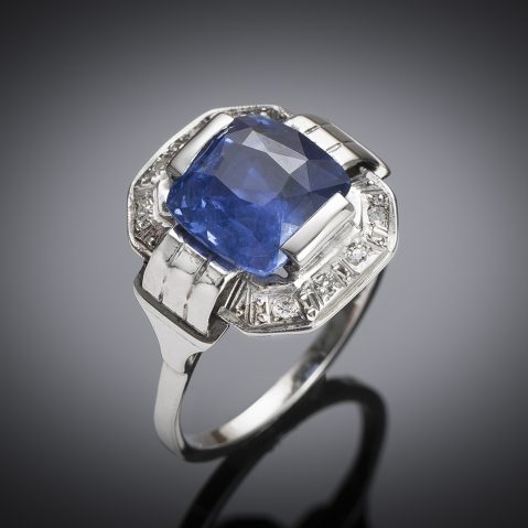 Bague Art déco saphir naturel, non chauffé de 4,10 carats (certificat laboratoire) et diamants