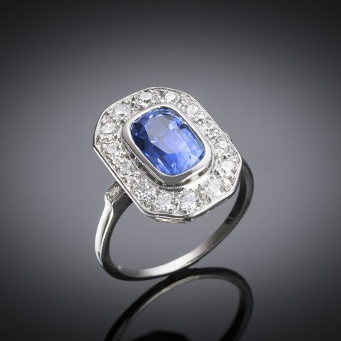 Bague Art déco vers 1935, Glannes R. ancienne Maison Duran, saphir naturel non chauffé bleu intense de 4 carats (certificat laboratoire) et diamants