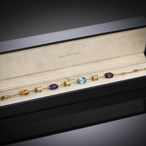 Bracelet Bulgari or jaune avec améthyste, citrine, grenat et topaze bleue