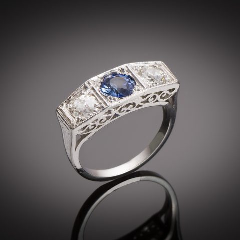Bague trilogie Art déco saphir diamants