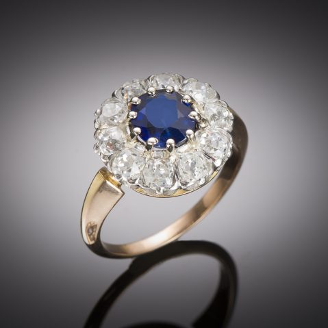 Bague fin XIXe siècle saphir naturel non chauffé bleu intense (certificat laboratoire) et diamants taille ancienne