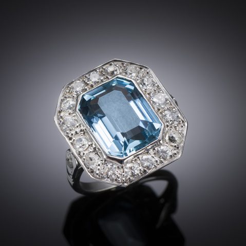 Bague Art Déco aigue-marine Santa Maria (5,5 carats, certificat laboratoire) diamants