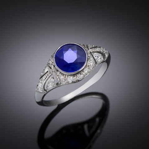 Bague Art déco saphir naturel non chauffé bleu royal (certificat laboratoire) et diamants