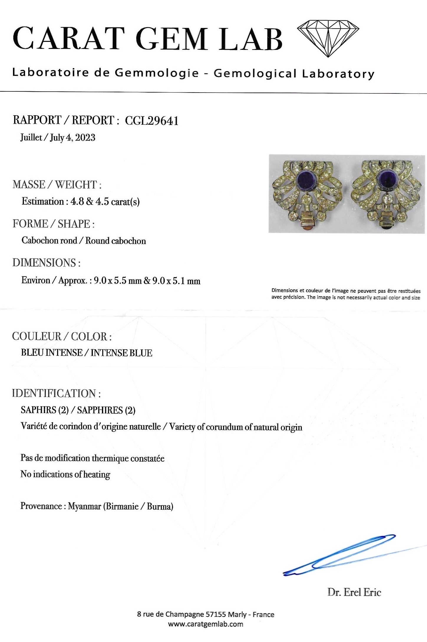 Importante broche double-clip, platine, 2 saphirs birmans non chauffés de 4,8 et 4,5 carats (certificat laboratoire) et diamants, 2,80 carats. Travail Art déco vers 1930.-3