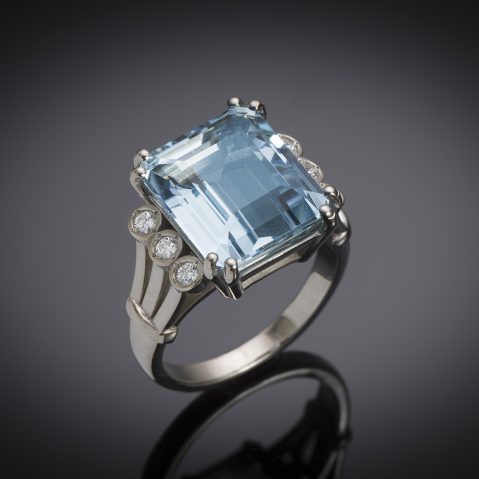 Bague vintage aigue-marine Santa Maria (7,72 carats, certificat laboratoire) diamants