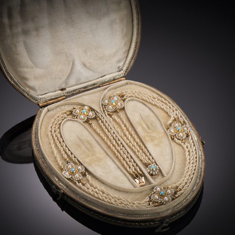Collier perles fines turquoises vers 1840 dans son écrin d’origine