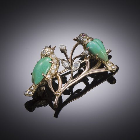Broche vers 1950 turquoises diamants