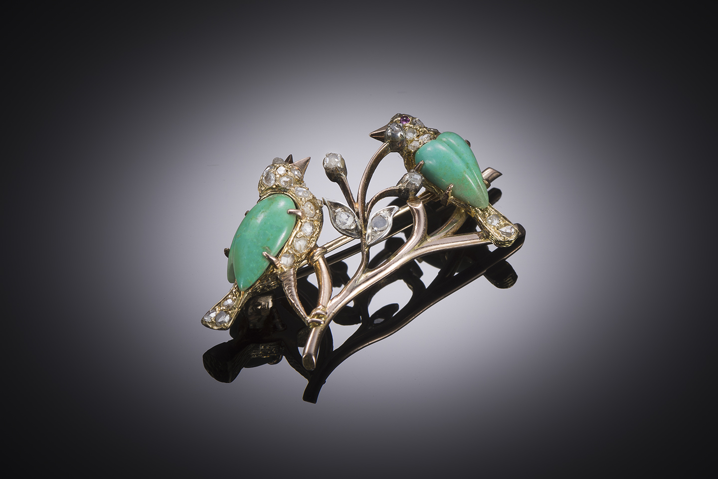 Broche vers 1950 turquoises diamants-1