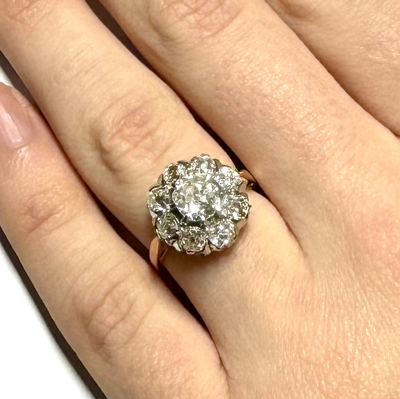 Bague Antique Or 18k Diamant Et Saphir - Taille Ancienne 53, Circa 1900, Style Marquise