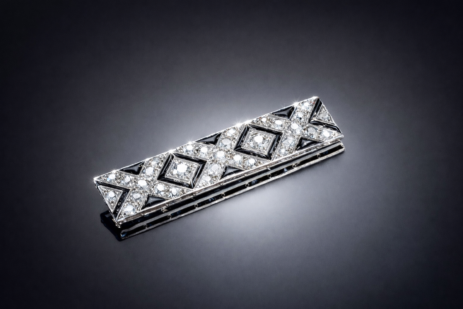 Broche Art déco diamants onyx – 6 cm x 1,3 cm-1