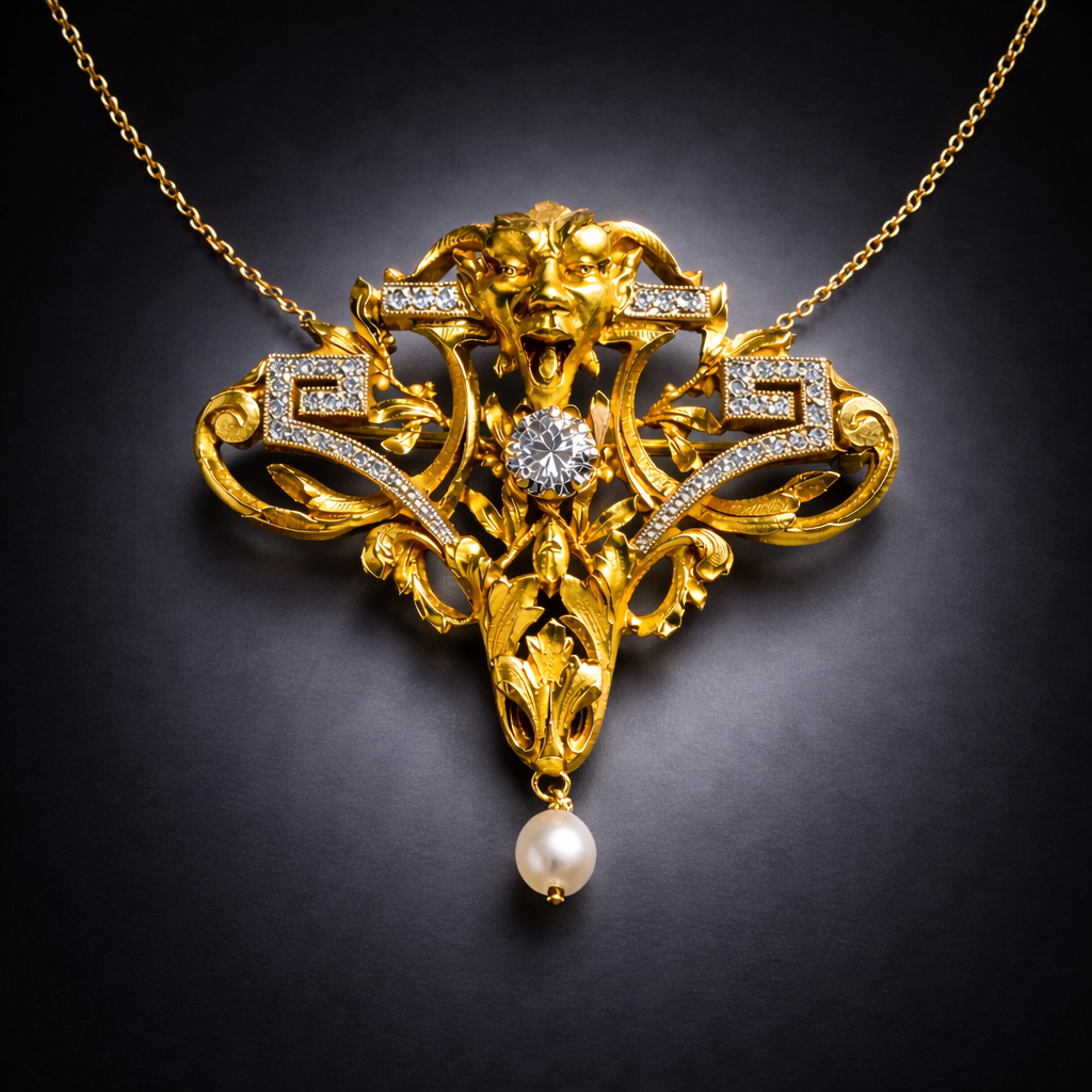 Pendentif / broche Art nouveau orné en son centre d’un mascaron de faune – Or, diamants et perle. Travail français Veuve Bourion vers 1900.-1