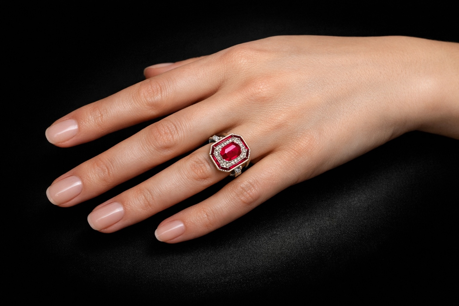 Bague rubis naturel rouge intense 1,49 carat (certificat laboratoire), rubis baguette et diamants. Travail français vers 1980.-2