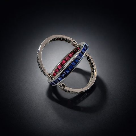 Alliance Art déco « à transformation » diamants, saphirs, rubis