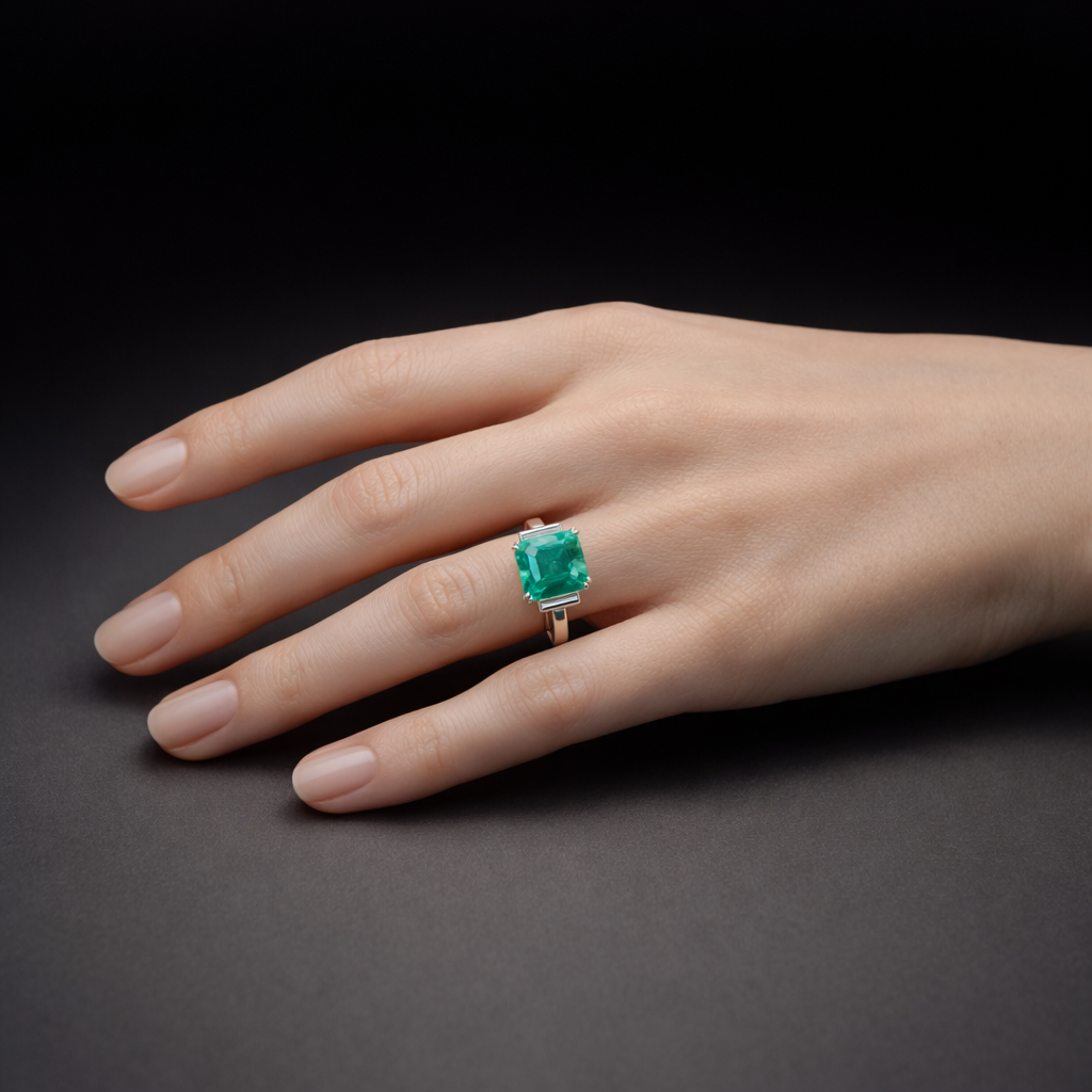 Bague émeraude de 3,87 carats, origine Colombie, Vivid Green, Minor Oil (certificat laboratoire) et diamants baguette. Travail français.-2