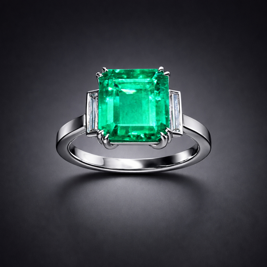 Bague émeraude de 3,87 carats, origine Colombie, Vivid Green, Minor Oil (certificat laboratoire) et diamants baguette. Travail français.-1