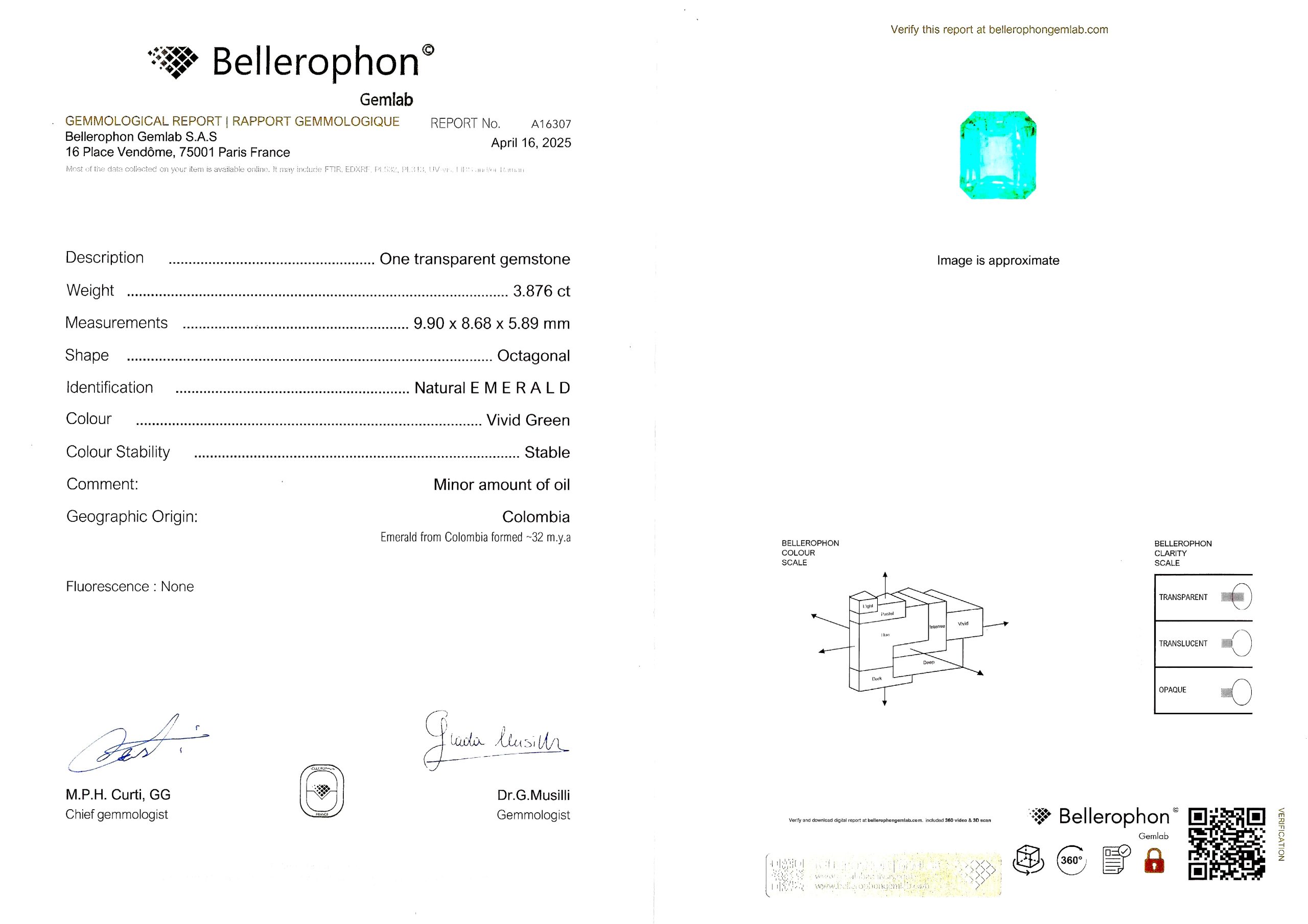 Bague émeraude de 3,87 carats, origine Colombie, Vivid Green, Minor Oil (certificat laboratoire) et diamants baguette. Travail français.-3
