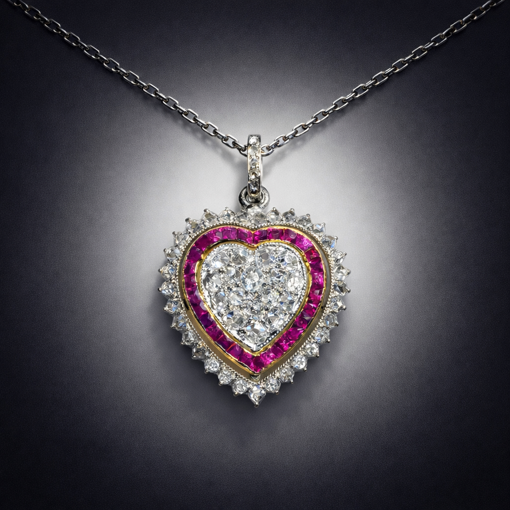 Pendentif cœur Belle Époque en or et platine, diamants taille ancienne et rubis calibrés. Travail français début XXe siècle. Vendu avec chaîne.-1