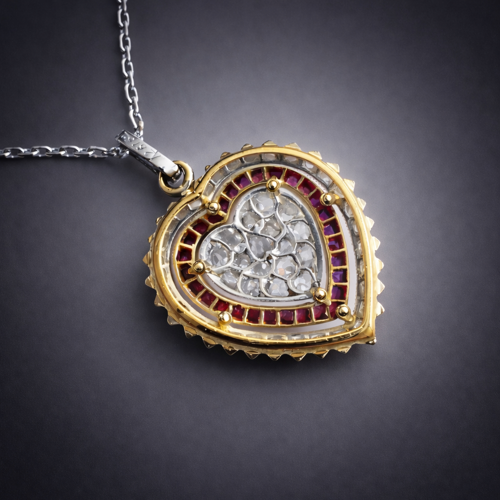 Pendentif cœur Belle Époque en or et platine, diamants taille ancienne et rubis calibrés. Travail français début XXe siècle. Vendu avec chaîne.-2