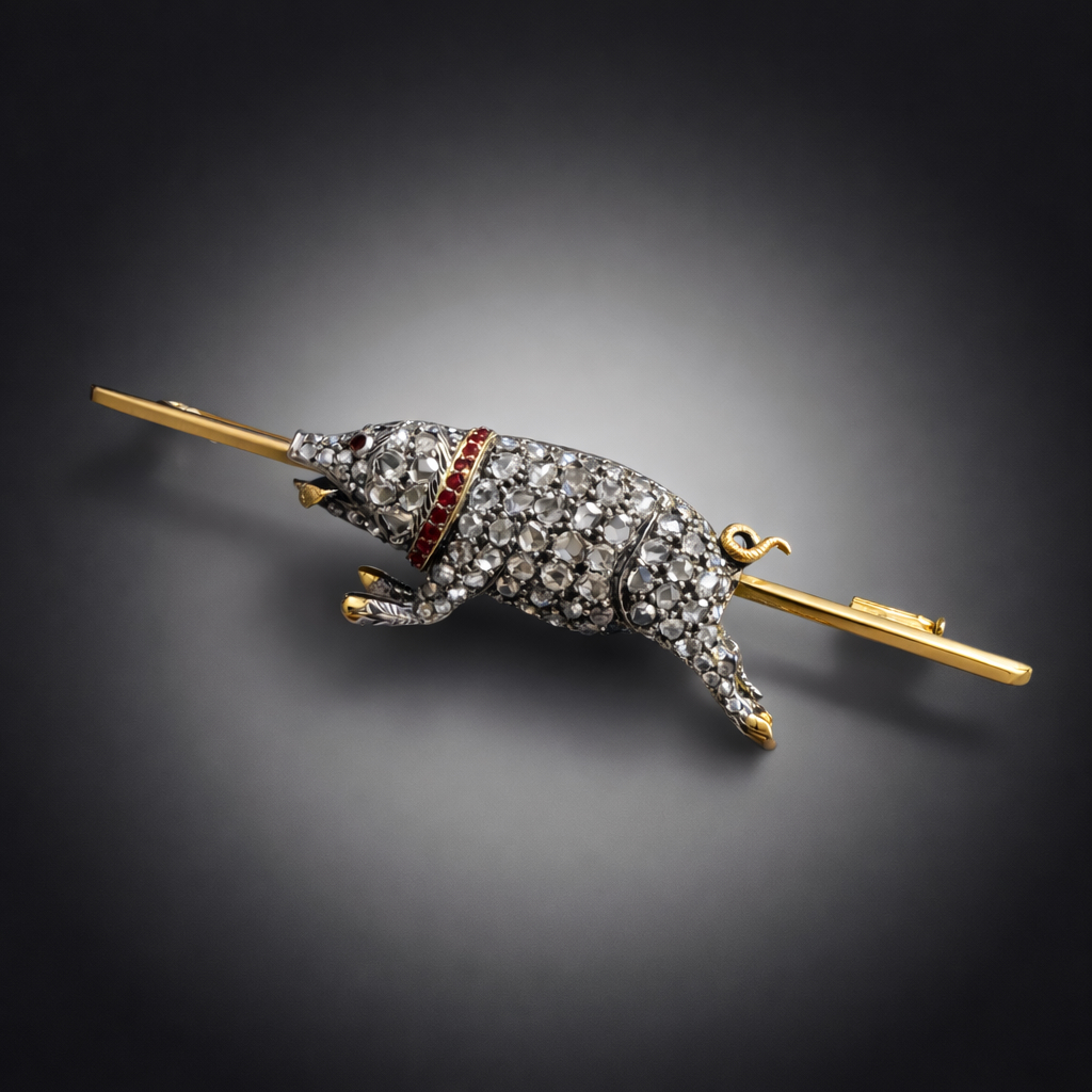 Broche figurant un petit suidé en diamants et rubis (longueur 7,5 cm). Travail français XIXe siècle.-1
