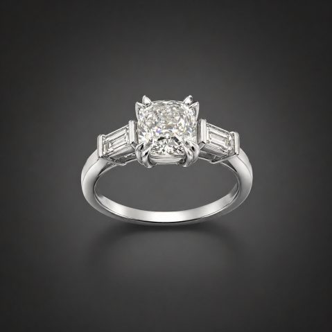 Bague diamant coussin 1,51 carat D VS2 Excellent, Excellent (certificat GIA) et diamants baguette