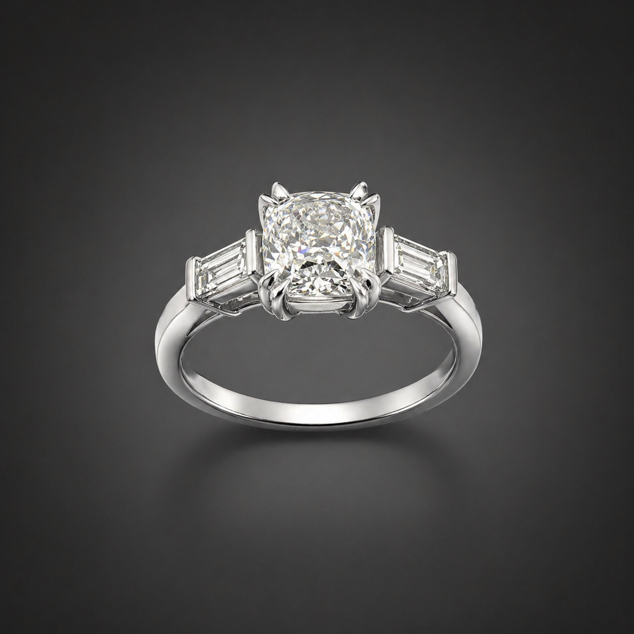 Bague diamant coussin 1,51 carat D VS2 Excellent, Excellent (certificat GIA) et diamants baguette-1