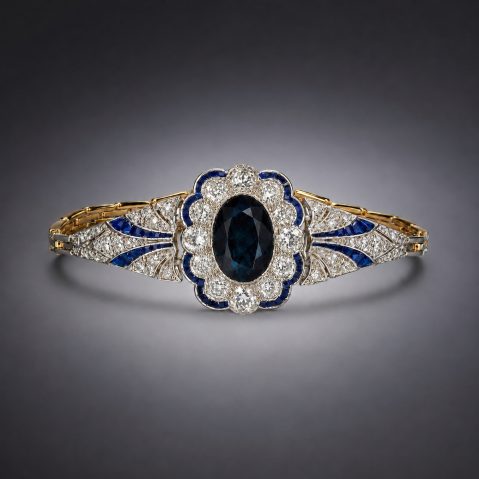 Bracelet Art déco en or, platine, centré d’un important saphir bleu profond avec diamants et saphirs calibrés