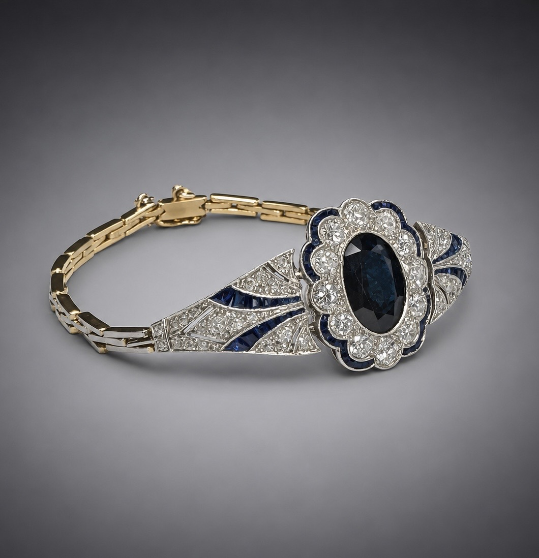 Bracelet Art déco en or, platine, centré d’un important saphir bleu profond avec diamants et saphirs calibrés-2