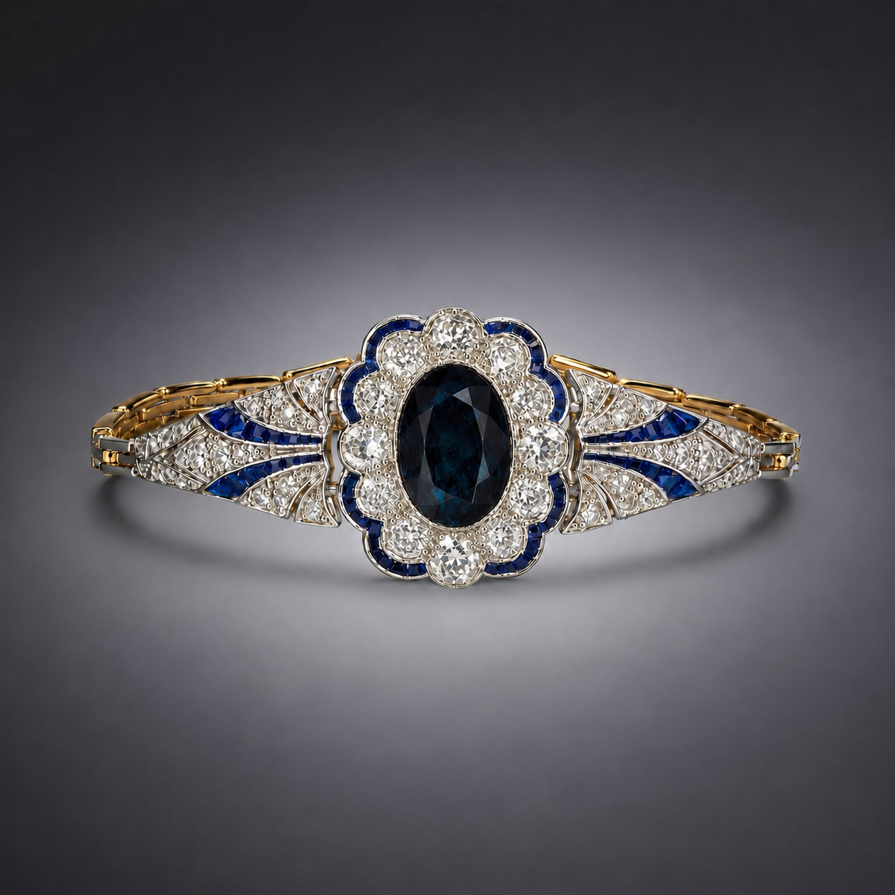 Bracelet Art déco en or, platine, centré d’un important saphir bleu profond avec diamants et saphirs calibrés-1