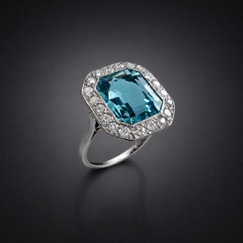 Bague Art Déco aigue-marine Santa Maria (11,49 carats, certificat laboratoire) diamants