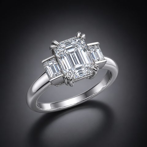 Bague diamant taille émeraude 1,81 carat (certificat IGI) et diamants baguette