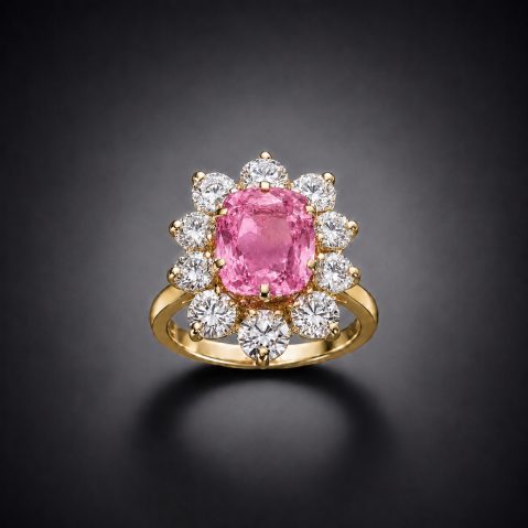 Bague vintage saphir naturel rose intense taille coussin de 3,02 carats (certificat laboratoire) diamants