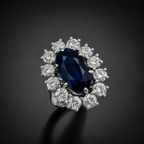 Importante bague vintage saphir non chauffé de 5,22 carats (certificat laboratoire) et diamants (1,20 carat)