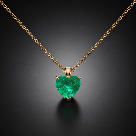 Pendentif et sa chaîne émeraude de Colombie (Muzo) taille cœur, 1,74 carat, Vivid green, Minor oil (deux certificats laboratoire)