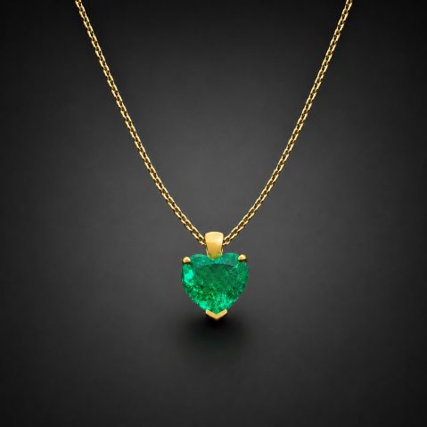 Pendentif et sa chaîne émeraude de Colombie (Muzo) taille cœur, 1,74 carat, Vivid green, Minor oil (deux certificats laboratoire)
