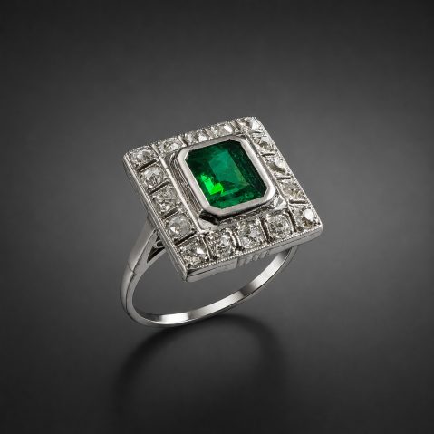 Bague Art déco émeraude Colombie (examen du Laboratoire Français de Gemmologie) et diamants sur platine
