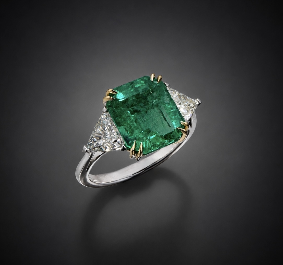 Bague émeraude de 3,73 carats, origine Colombie, Minor Oil (certificat laboratoire) et diamants triangle (1,04 carat). Travail français.-1