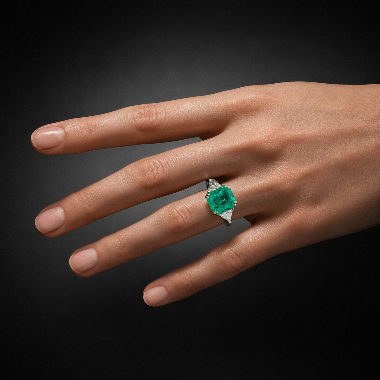 Bague émeraude de 3,73 carats, origine Colombie, Minor Oil (certificat laboratoire) et diamants triangle (1,04 carat). Travail français.-3