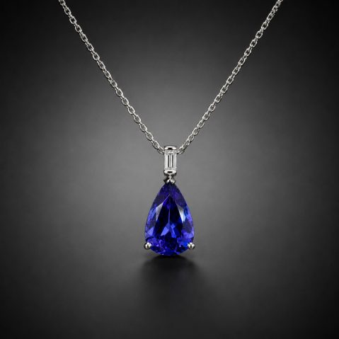 Pendentif et sa chaîne tanzanite diamant baguette