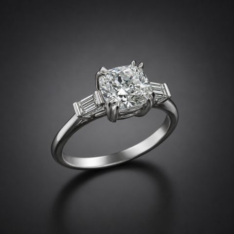 Bague diamant coussin 1,71 carat G VS2 (certificat HRD) et diamants baguette
