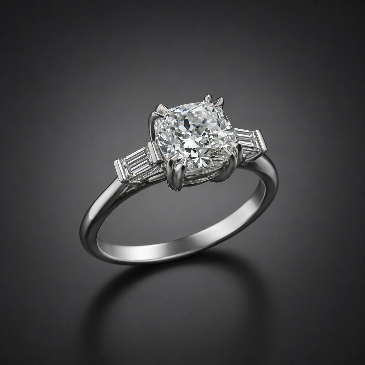 Bague diamant coussin 1,71 carat G VS2 (certificat HRD) et diamants baguette-1