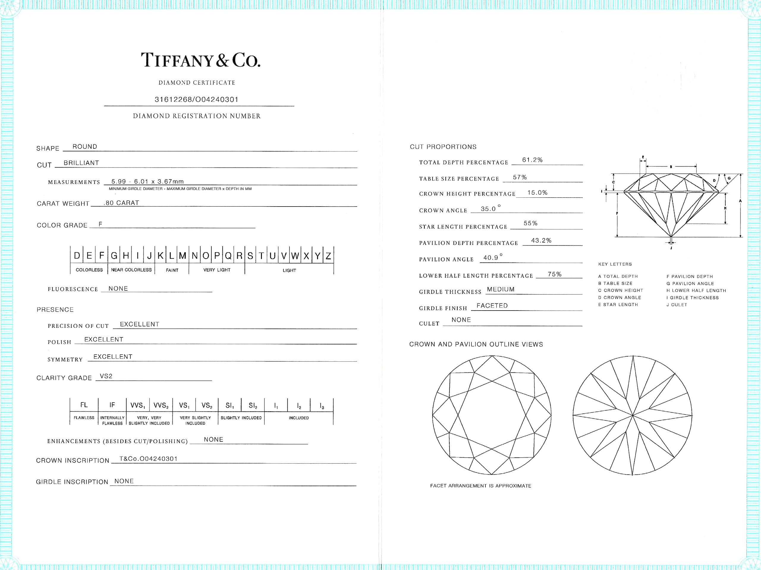 Solitaire Tiffany diamant (0,80 carat – F VS2 – certificat) avec son alliance en platine-4