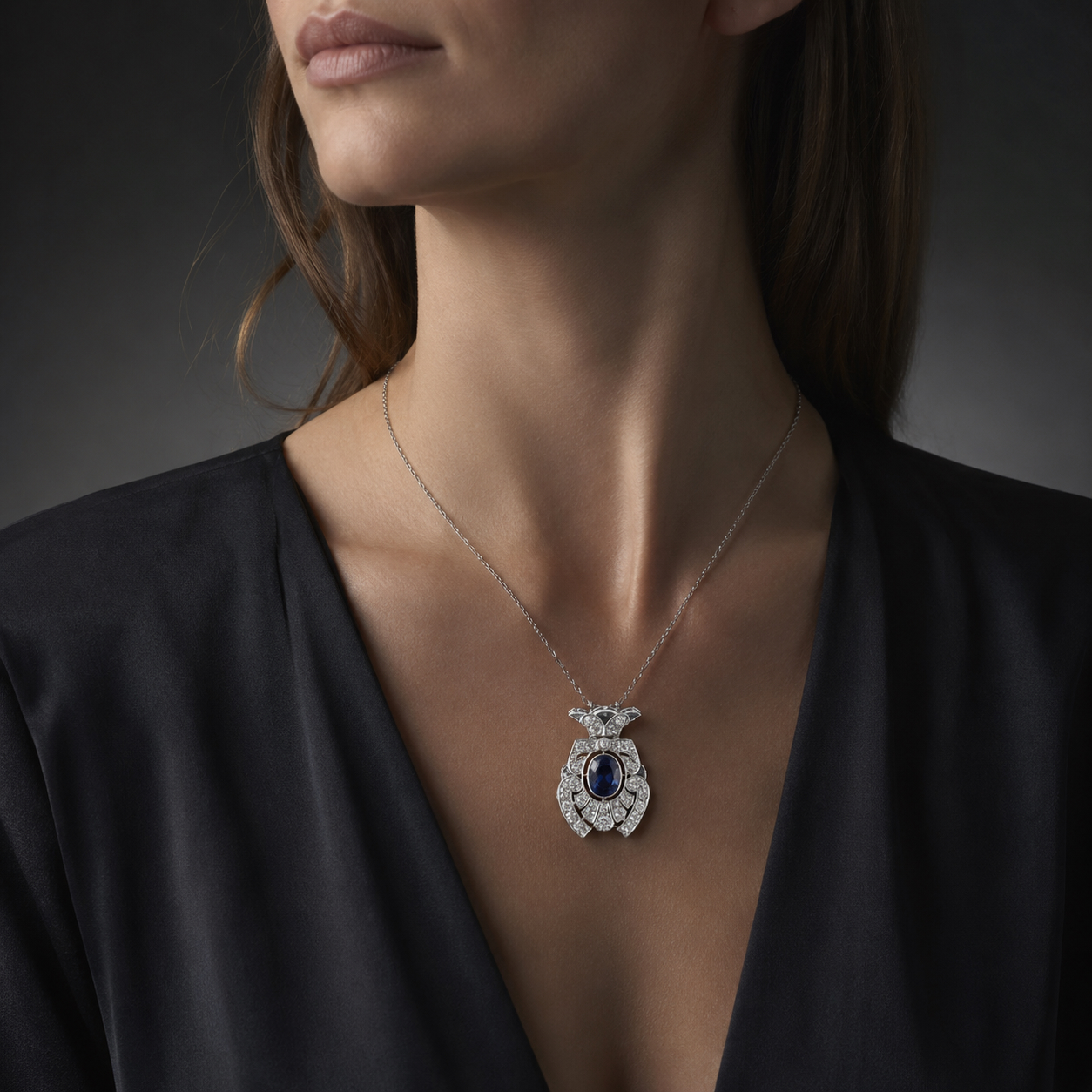 Pendentif Art Déco saphir non chauffé (certificat LFG) diamants avec sa chaîne d’origine. Travail français vers 1930.-3